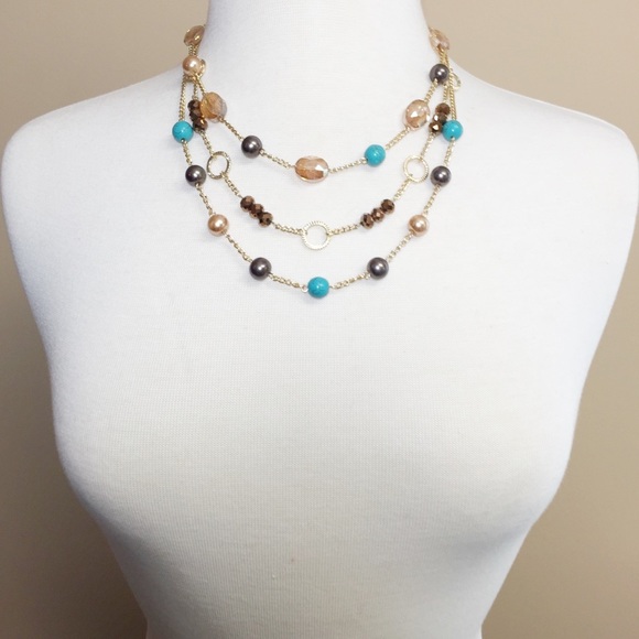 3 Row Layered Glass Pearl & Turquoise Stone Beaded Necklace Earrings Set - Picture 3 of 3
